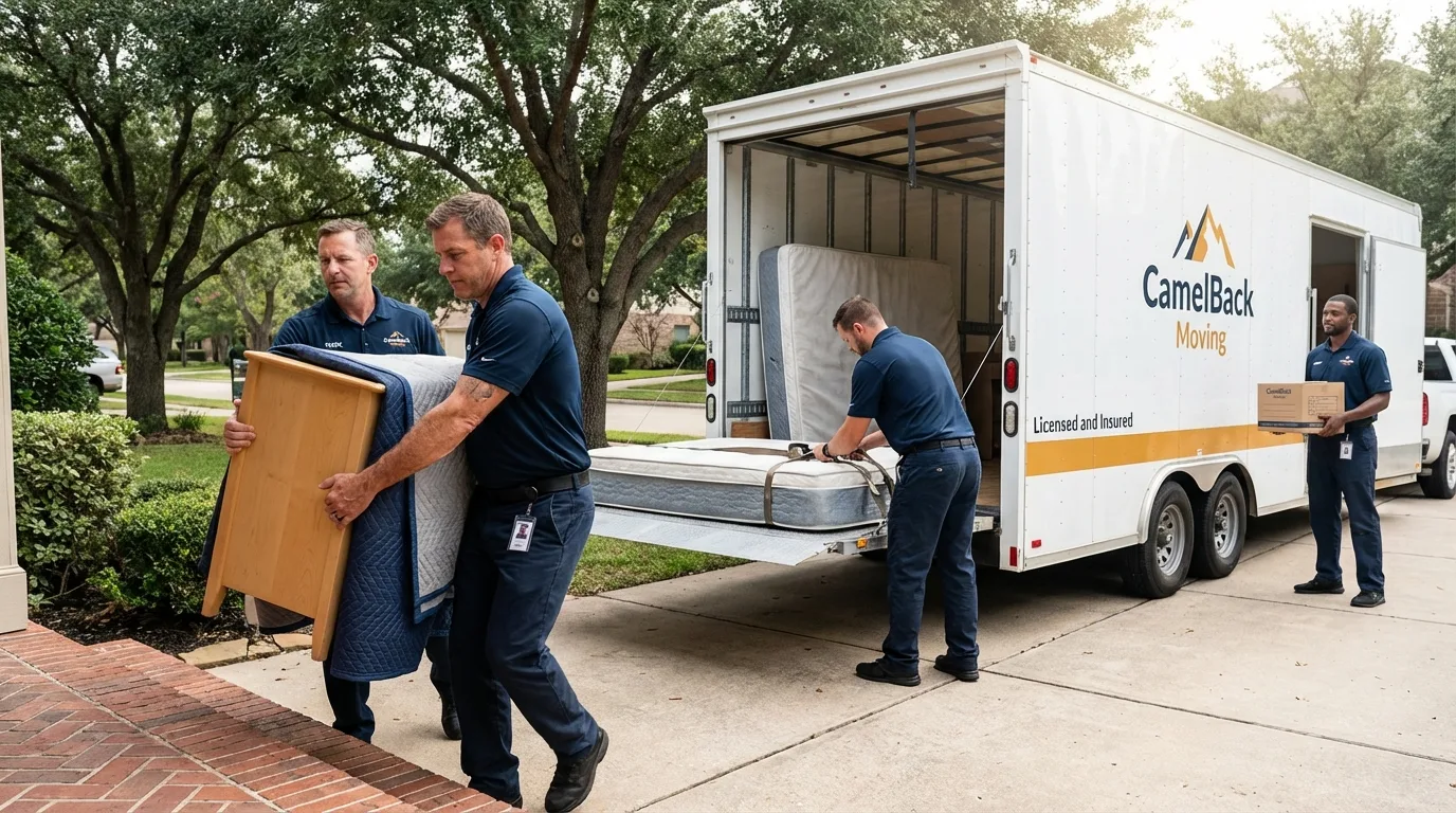 Crew loading residential truck for cross-state move from Naples, TX