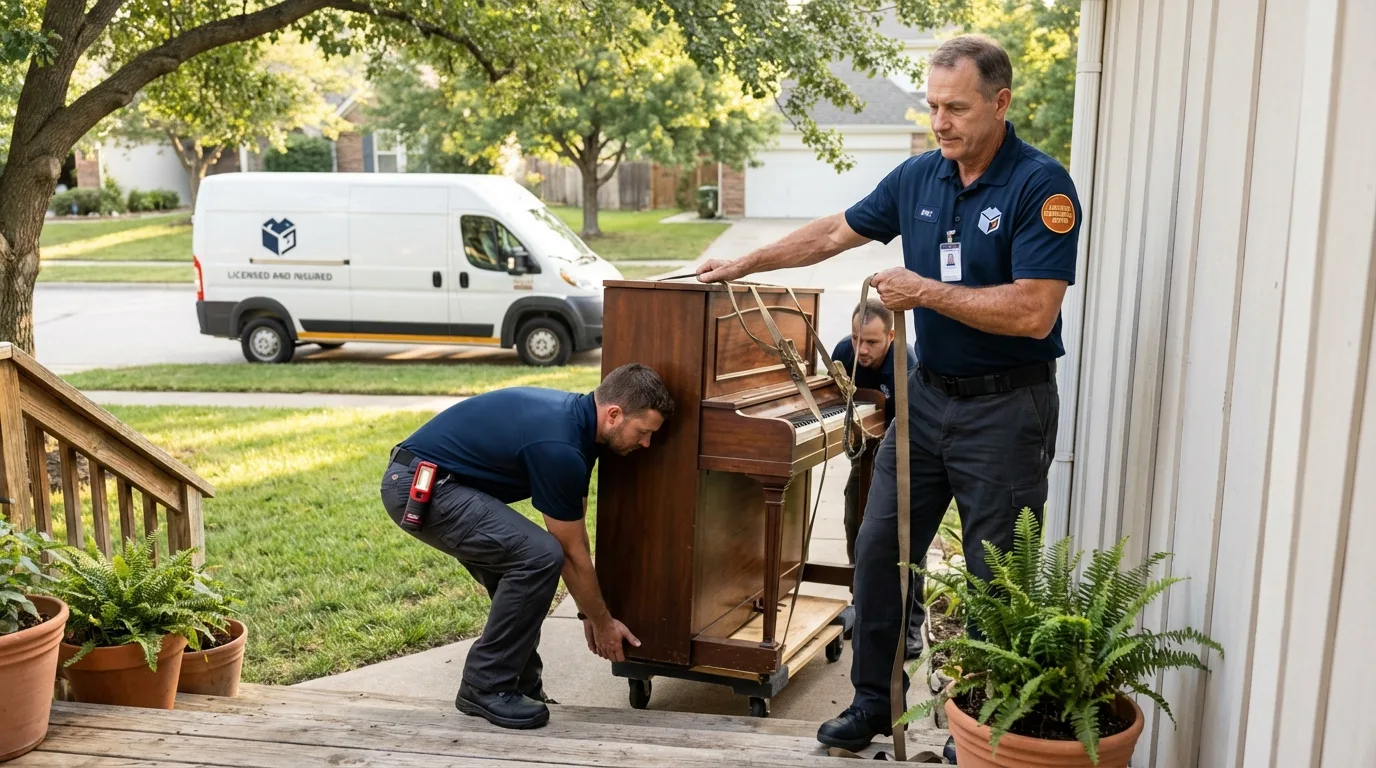 Licensed piano movers securing grand piano in Naples, TX