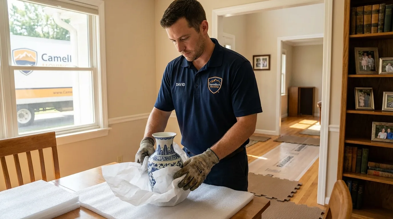 Professional crew carefully wrapping antique vase for senior downsizing move in Naples, TX